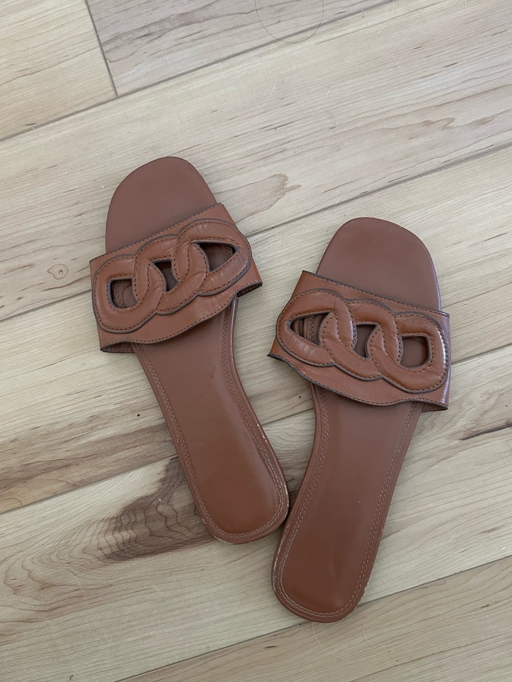 Zara Tan Brown Chain-Link Slide Sandals
